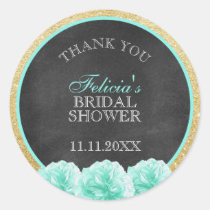 Chalkboard Mint Green Gold Glitter Bridal Shower Classic Round Sticker