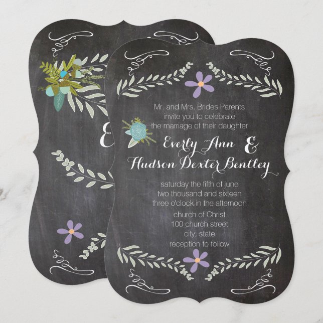 Chalkboard Mint Lilac Aqua Floral Garland Wedding Invitation (Front/Back)