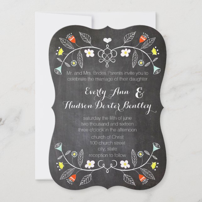 Chalkboard Mint Orange Floral Garland Wedding Invitation (Front)