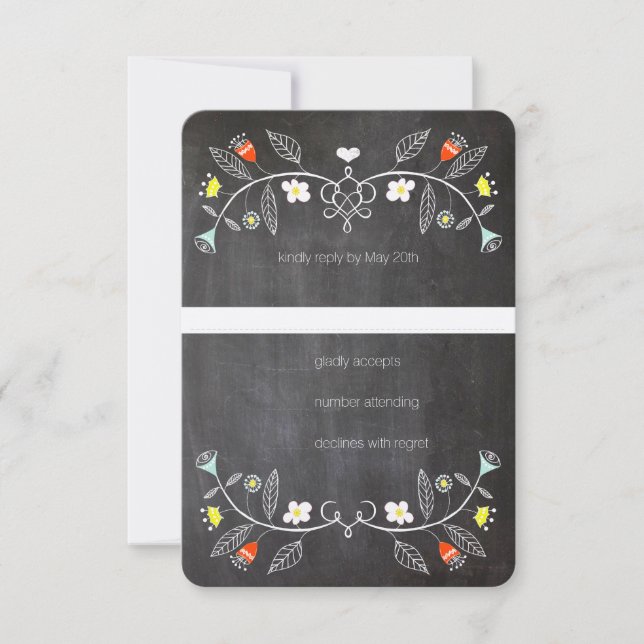 Chalkboard Mint Orange Floral Garland Wedding RSVP Card (Front)