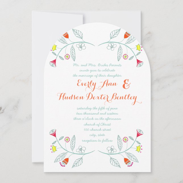 Chalkboard Mint Orange Red Floral Garland Wedding Invitation (Front)