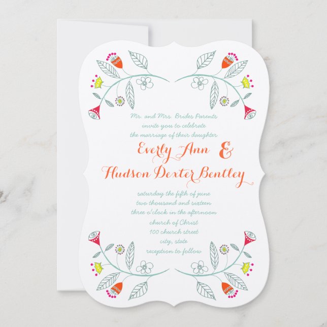 Chalkboard Mint Orange Red Floral Garland Wedding Invitation (Front)