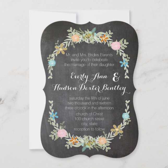 Chalkboard Mint Pink Aqua Floral Garland Wedding Invitation (Front)