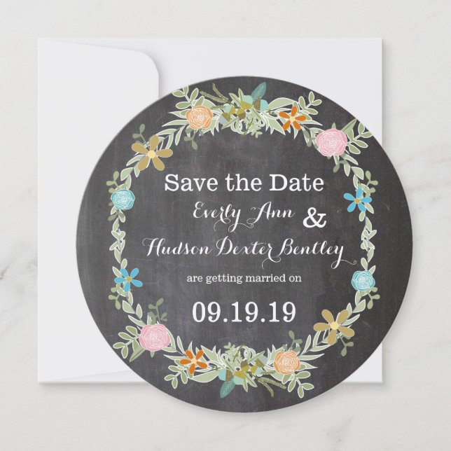 Chalkboard Mint Pink Aqua Floral Garland Wedding Save The Date (Front)