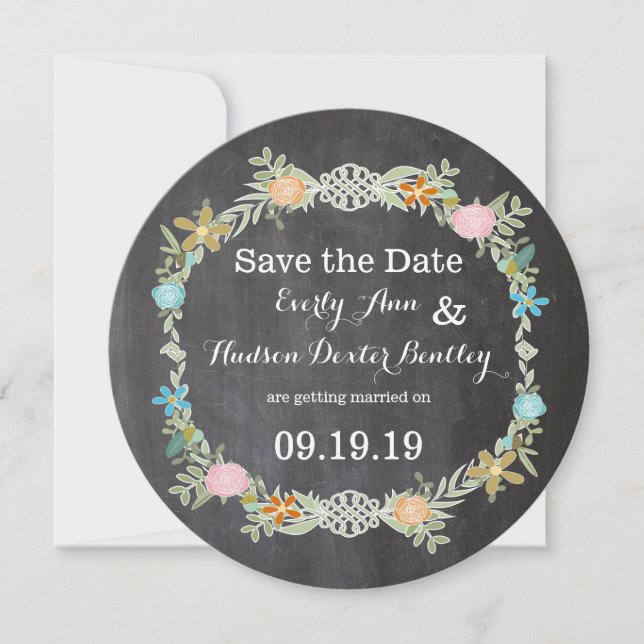Chalkboard Mint Pink Aqua Floral Garland Wedding Save The Date (Front)