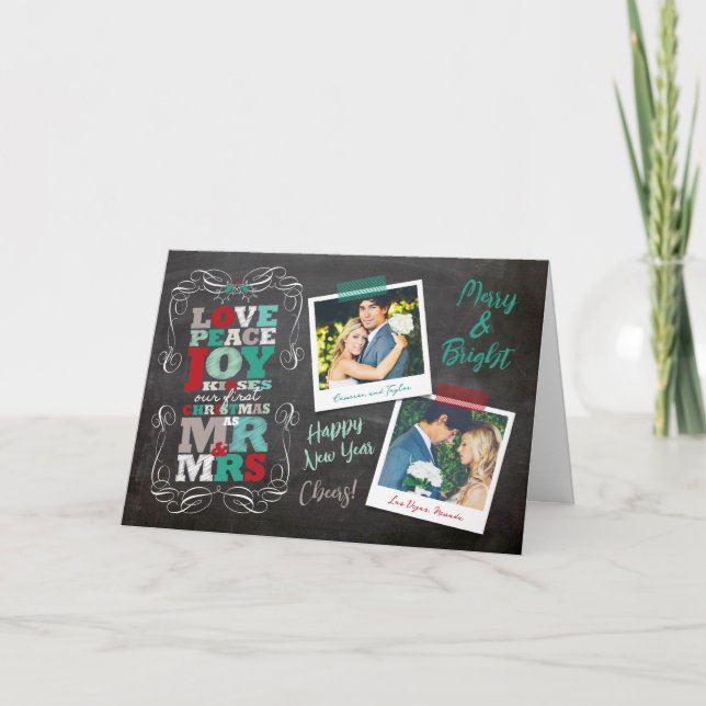 Chalkboard Mistletoe Vintage First Christmas Photo Holiday Card (Front)