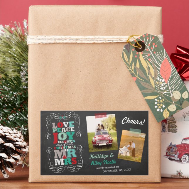 Chalkboard Mistletoe Vintage First Christmas Photo Rectangular Sticker (Holiday)