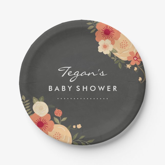 Chalkboard Modern Floral Baby Shower Paper Plates (Front)