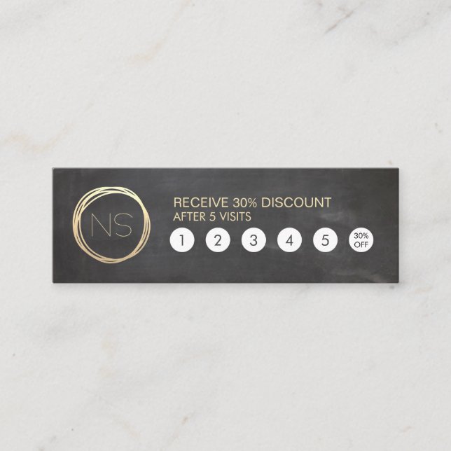 Chalkboard Modern Gold Circle Monogram Loyalty Mini Business Card (Front)