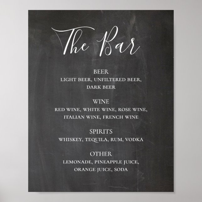 Chalkboard modern script wedding alcohol drinks poster (Front)