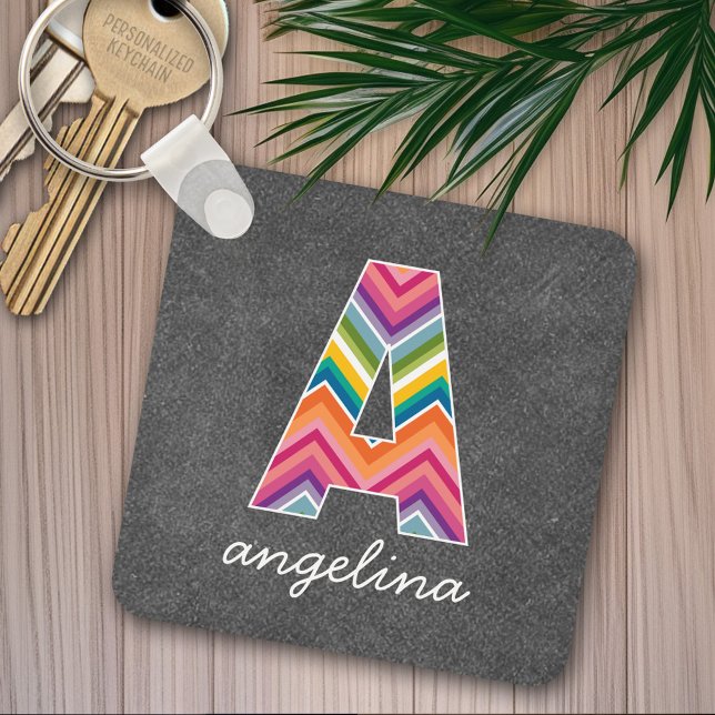 Chalkboard Monogram Letter A with Bright Chevrons Key Ring (Personalized keychain - add a monogram and name)