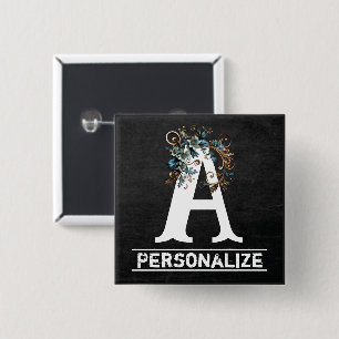 Chalkboard Monogram Letter with Blue Floral 15 Cm Square Badge
