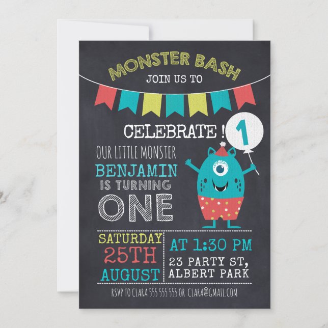 Chalkboard Monster 1sr Birthday Invitation (Front)