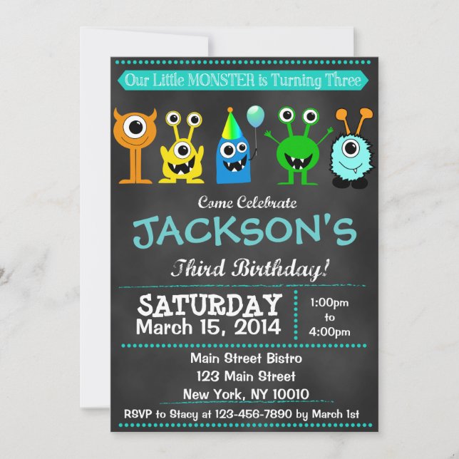 Chalkboard Monster Third Birthday Invitation (Front)