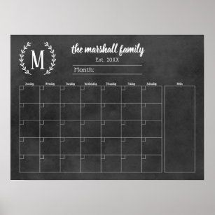 Chalkboard Monthly Family Monogram Calendar Poster