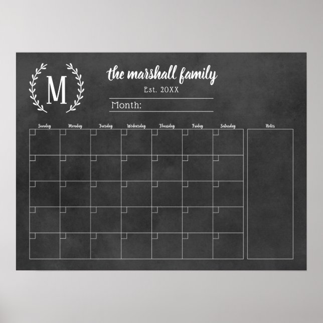 Chalkboard Monthly Family Monogram Calendar Poster (Front)