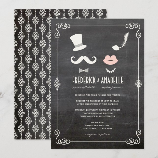 Chalkboard Moustache And Lips Vintage Chic Wedding Invitation (Front/Back)