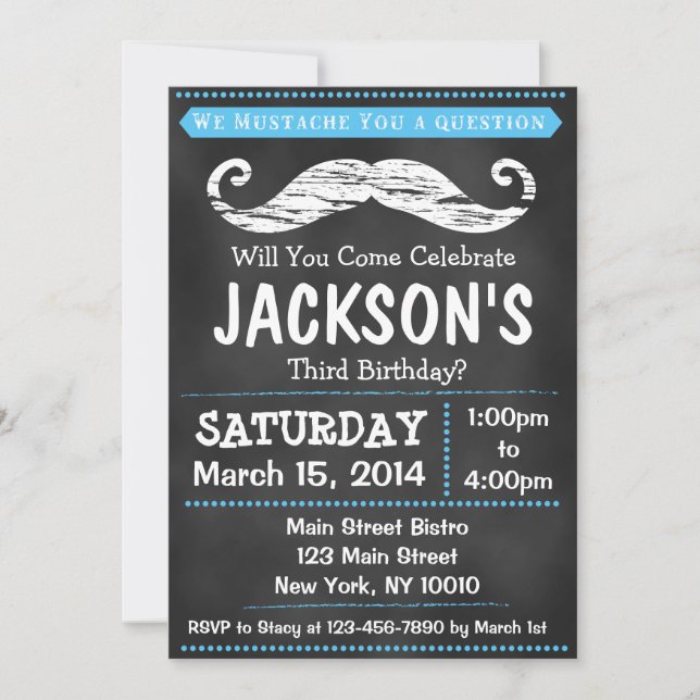 Chalkboard Moustache Birthday Party Invitation (Front)