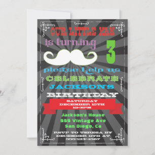 Chalkboard Moustache Birthday Party Invitations