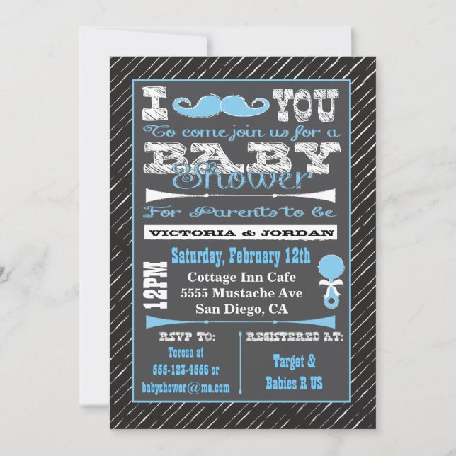 Chalkboard Moustache Boy Baby Shower Invitations (Front)