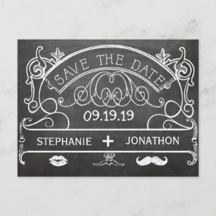 Chalkboard Moustache Lips Vintage Save the Date Announcement Postcard