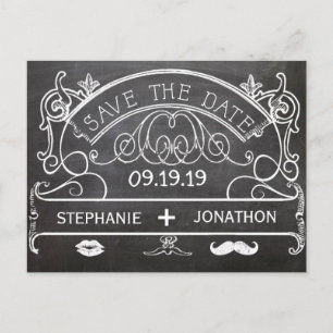 Chalkboard Moustache Lips Vintage Save the Date Announcement Postcard