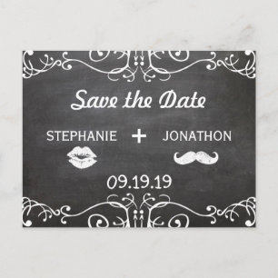 Chalkboard Moustache Lips Vintage Save the Date Announcement Postcard
