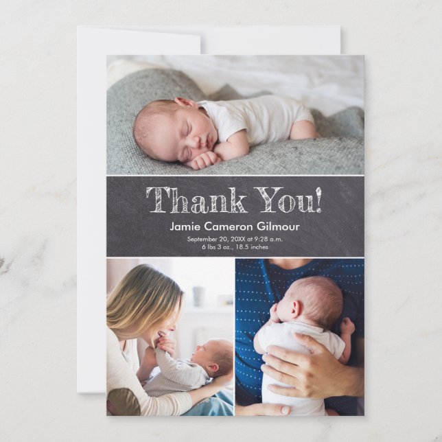Chalkboard Multiple Photos Baby Boy Shower  Thank You Card (Front)