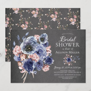 Chalkboard Navy Blush Floral Bridal Shower Invitation