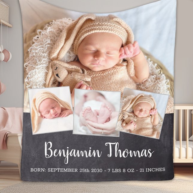 Chalkboard New Baby Personalised 4 Photo Collage Fleece Blanket (Creator Uploaded)