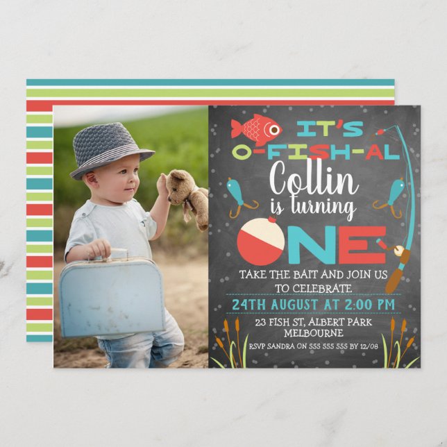Chalkboard O-fish-ally One Birthday Invitation (Front/Back)