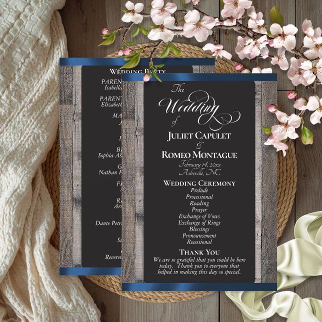 Chalkboard on Wood & Dark Blue Ribbon - Wedding Programme (Creator Uploaded)