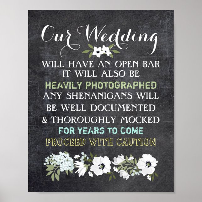 Chalkboard Open Bar Wedding Sign Floral Funny (Front)