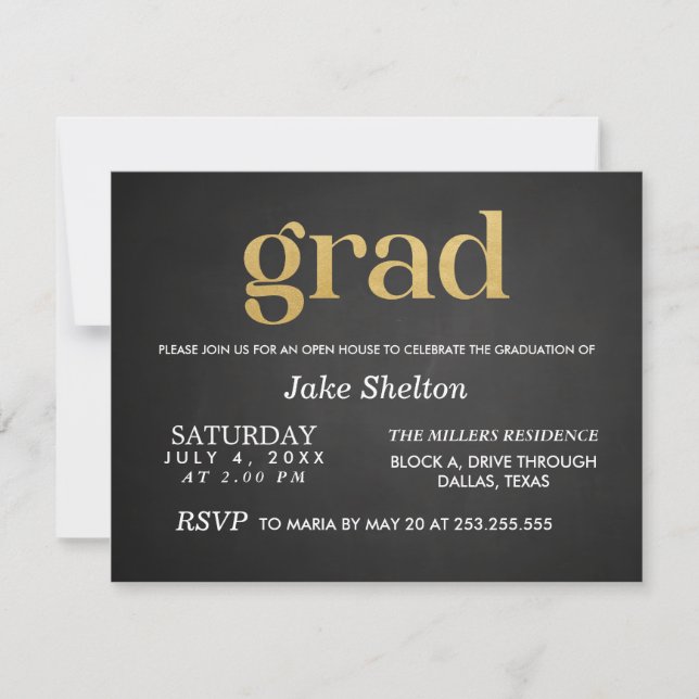 Chalkboard Open House Graduation Gold Grad Invitation (Front)