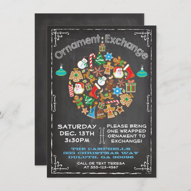 Chalkboard Ornament Exchange Invitation (Front/Back)