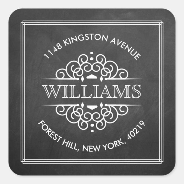 Chalkboard Ornate Swirls Custom Return Address Square Sticker (Front)