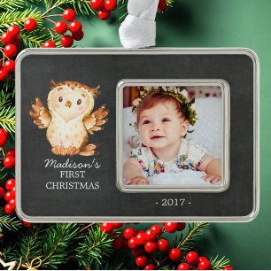 Chalkboard Owl  1st Christmas Photo Ornament