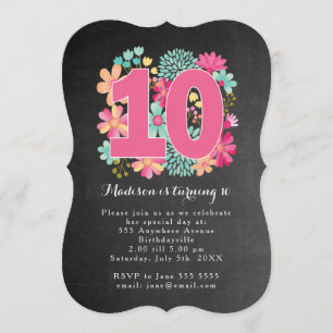 Chalkboard Painted Floral 10th Birthday Party Invitation