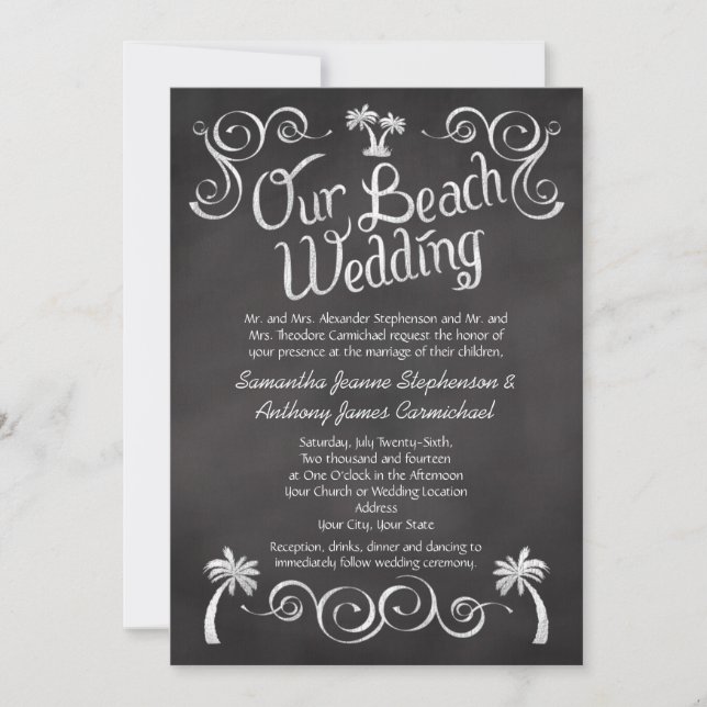 Chalkboard Palm Tree Beach Wedding Invitation (Front)