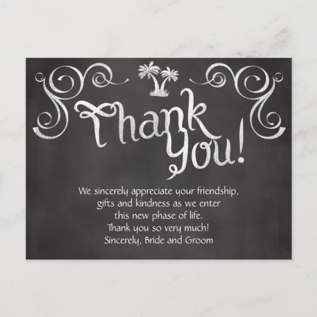 Chalkboard Palm Tree Beach Wedding Thank You Postcard (Front)