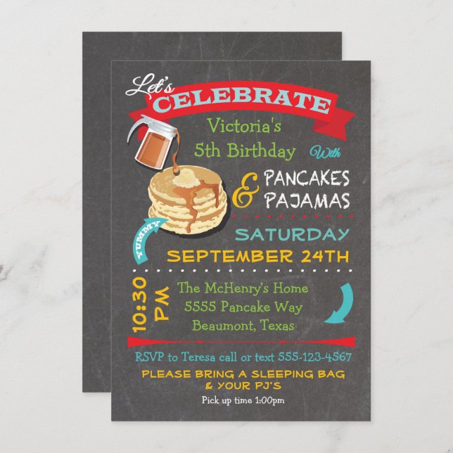 Chalkboard Pancakes and Pyjamas Birthday Party Invitation (Front/Back)
