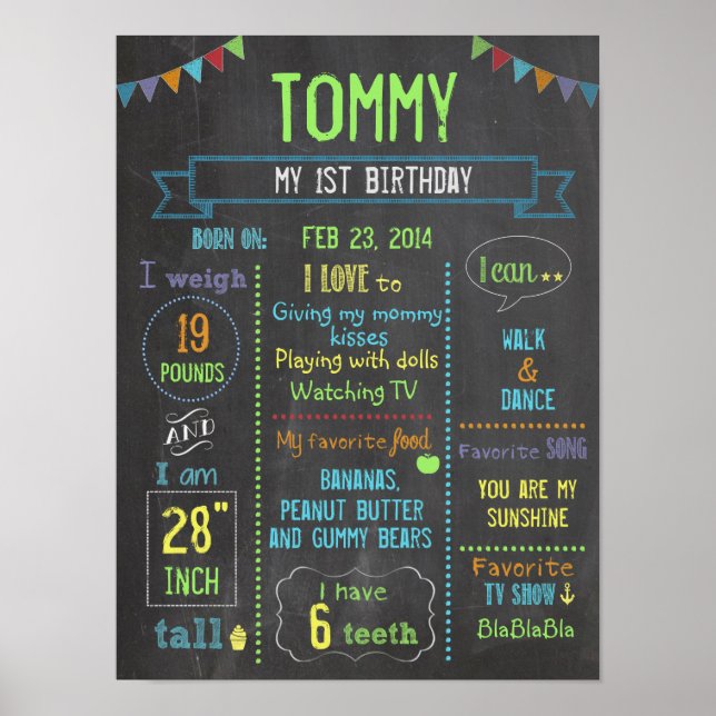 Chalkboard Party personalised boy birthday poster (Front)