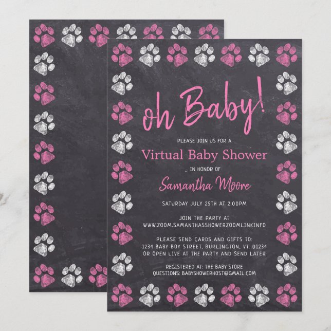 Chalkboard Paw Print Pink Girl Virtual Baby Shower Invitation (Front/Back)