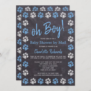 Chalkboard Paw Prints Blue Boy Baby Shower By Mail Invitation