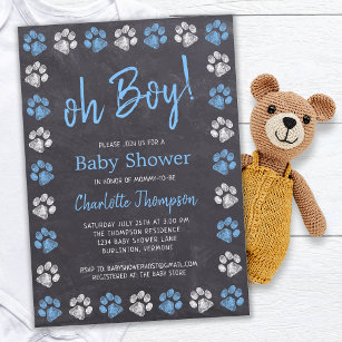 Chalkboard Paw Prints Blue Boy Baby Shower Invitation
