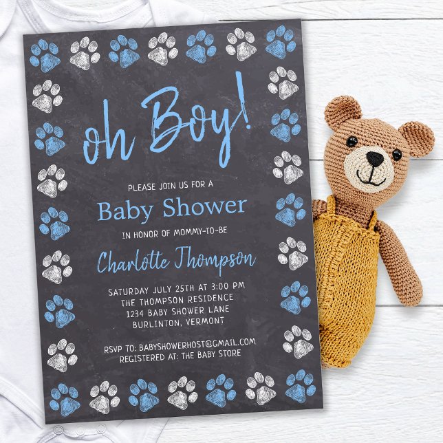 Chalkboard Paw Prints Blue Boy Baby Shower Invitation (Creator Uploaded)