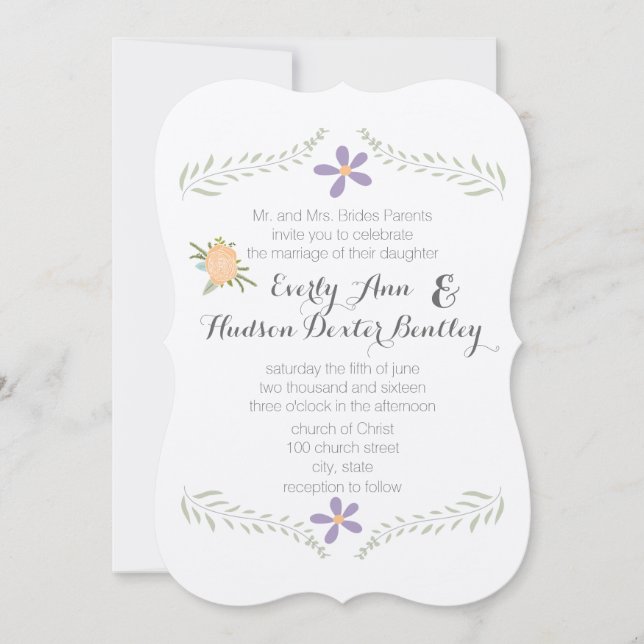 Chalkboard Peach Lilac Aqua Floral Garland Wedding Invitation (Front)