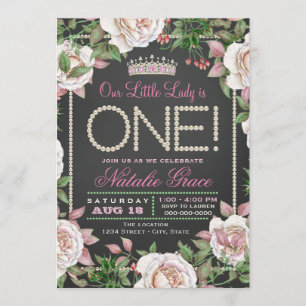Chalkboard Pearls Little Lady 1st Birthday Invitation
