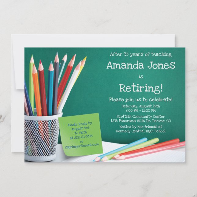 Chalkboard & Pencil Crayons Teacher Retirement Invitation (Front)