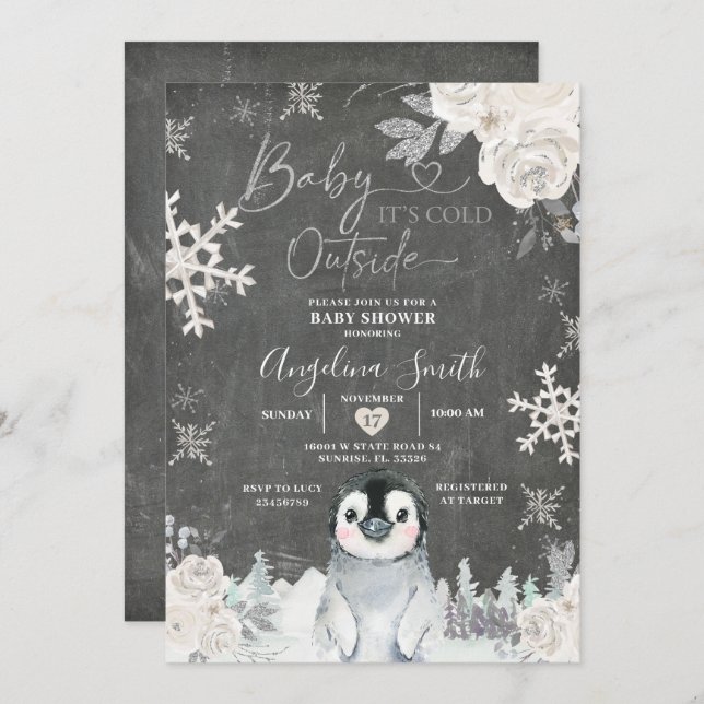 Chalkboard Penguin Snowflake Floral Baby Shower  Invitation (Front/Back)